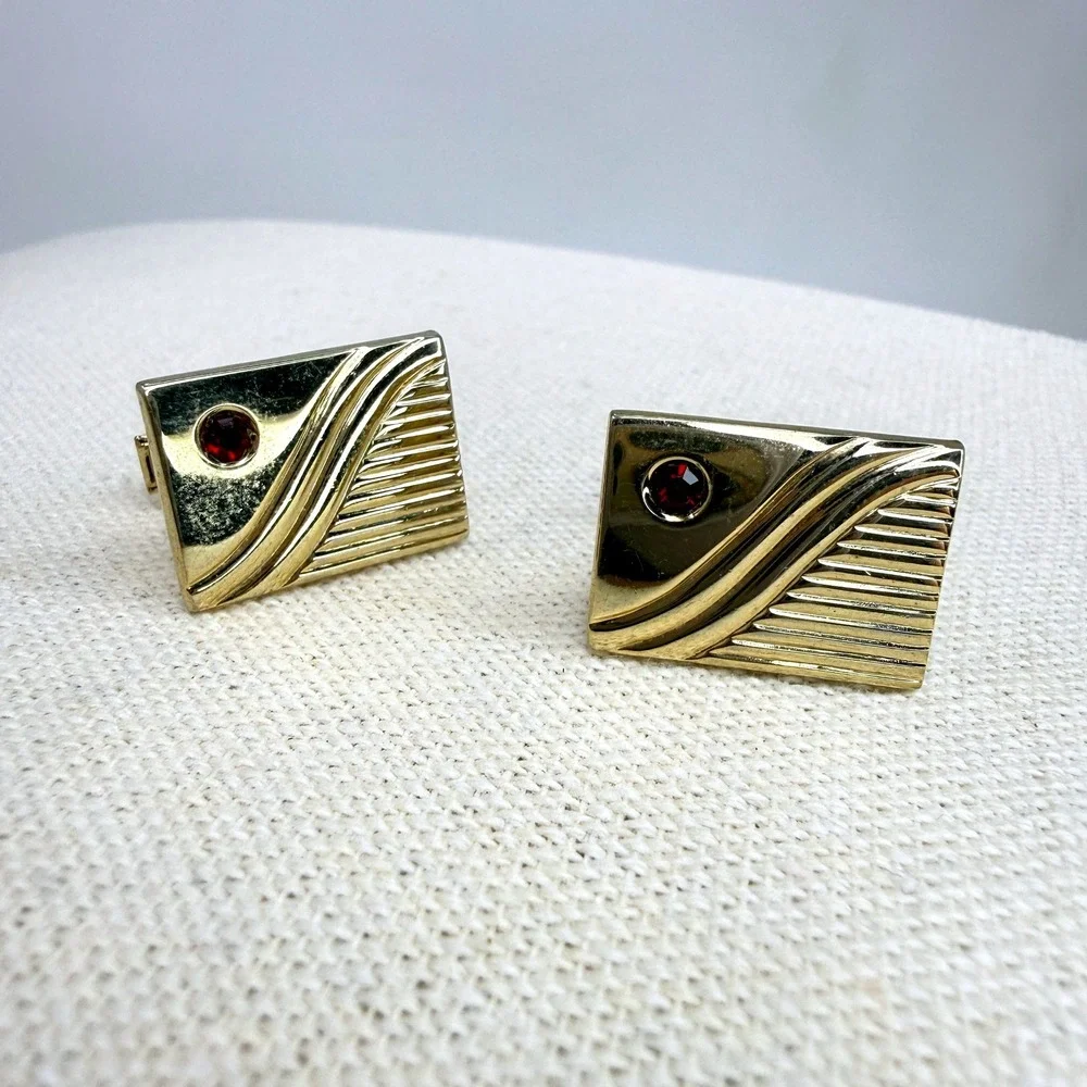Vintage Cufflinks Red Rhinestone Accent Gold Tone Etched Rectangular